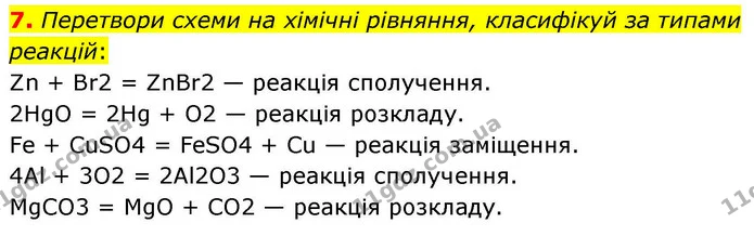 7. Перетвори схеми на хімічні рівняння, класифікуй за типами реакцій: — ГДЗ Хімія 8 клас Ярошенко
