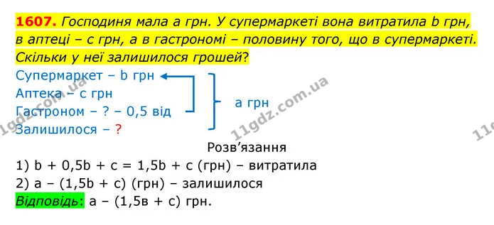 1607. Господиня мала а грн. У супермаркеті вона витратила b грн, в аптеці – с грн, а в гастрономі – половину того, що в супермаркеті — ГДЗ Математика 5 клас Бевз