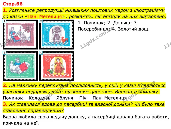 1. Розгляньте репродукції німецьких поштових марок з ілюстраціями до казки «Пані Метелиця» і розкажіть, які епізоди на них відтворено. — ГДЗ Зарубіжна література 5 клас Волощук 2022
