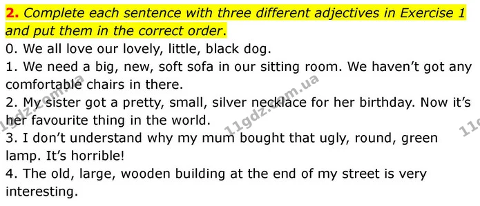 2. Complete each sentence with three different adjectives in Exercise 1 and put them in the correct order. — ГДЗ робочий зошит Англійська мова 7 клас Prepare