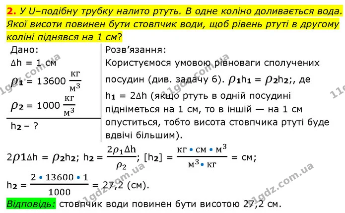 2. У U–подібну трубку налито ртуть. В одне коліно доливається вода. Якої висоти повинен бути стовпчик води, щоб рівень ртуті в другому — ГДЗ Фізика 7 клас Засєкіна