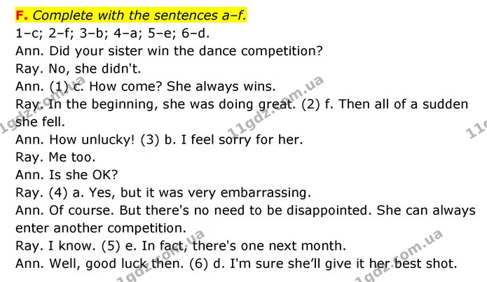 F. Complete with the sentences a–f. — ГДЗ Робочий зошит Англійська мова 6 клас Мітчелл