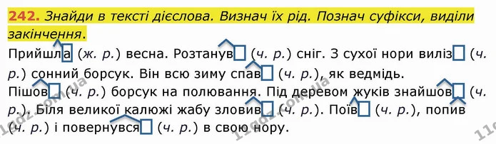 242. Знайди в тексті дієслова. Визнач їх рід. Познач суфікси, виділи закінчення. — ГДЗ Українська мова та читання 4 клас Коваленко