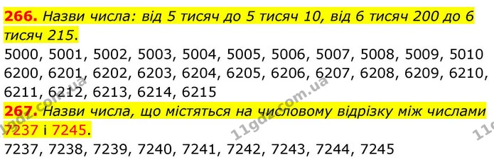 266. Назви числа: від 5 тисяч до 5 тисяч 10, від 6 тисяч 200 до 6 тисяч 215. — ГДЗ Математика 4 клас Листопад