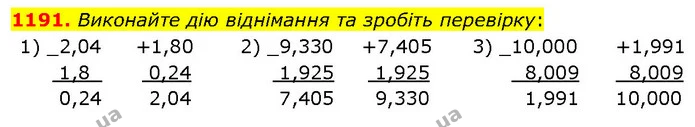 1191. Виконайте дію віднімання та зробіть перевірку: — ГДЗ Математика 5 клас Кравчук