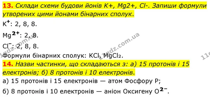 13. Склади схеми будови йонів K+, Mg2+, Cl-. Запиши формули утворених цими йонами бінарних сполук. — ГДЗ Хімія 8 клас Ярошенко