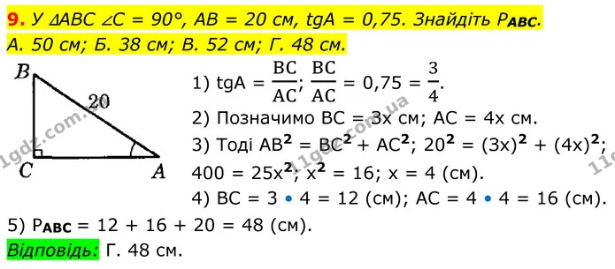9. У ∆ABC ∠C = 90°, AB = 20 см, tgA = 0,75. Знайдіть PАВС. — ГДЗ Геометрія 8 клас Істер