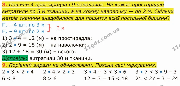 8. Пошили 4 простирадла і 9 наволочок. На кожне простирадло витратили по 3 м тканини, а на кожну наволочку — по 2 м. Скільки метрів — ГДЗ Математика 3 клас Логачевська 1-2 ч.