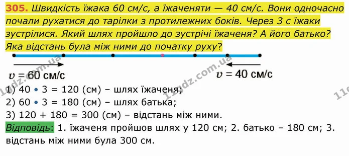 305. Швидкість їжака 60 см/с, а їжаченяти — 40 см/с. Вони одночасно почали рухатися до тарілки з протилежних боків. Через 3 с їжаки — ГДЗ Математика 4 клас Заїка