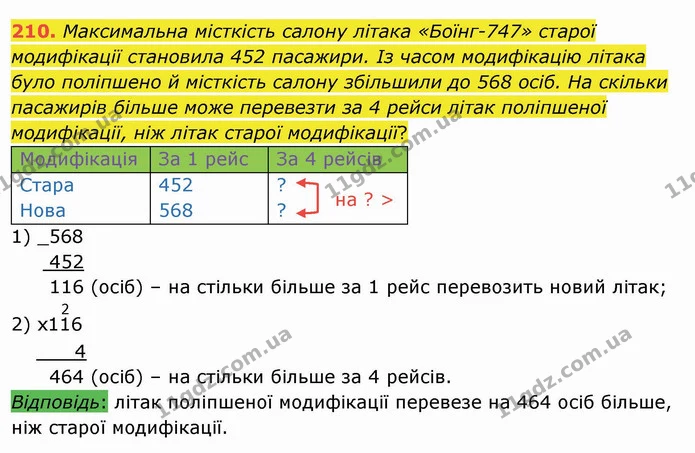 210. Максимальна місткість салону літака «Боїнг-747» старої модифікації становила 452 пасажири. Із часом модифікацію літака було — ГДЗ Математика 4 клас Оляницька
