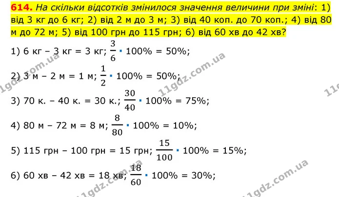 614. На скільки відсотків змінилося значення величини при зміні: 1) від 3 кг до 6 кг; 2) від 2 м до 3 м; 3) від 40 коп. до 70 коп.; 4) — ГДЗ Математика 6 клас Мерзляк 2023 1-2 ч.