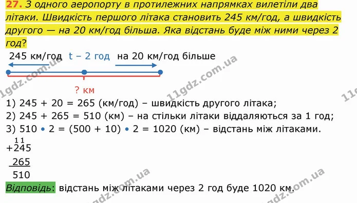 27. З одного аеропорту в протилежних напрямках вилетіли два літаки. Швидкість першого літака становить 245 км/год, а швидкість другого — ГДЗ Математика 4 клас Оляницька