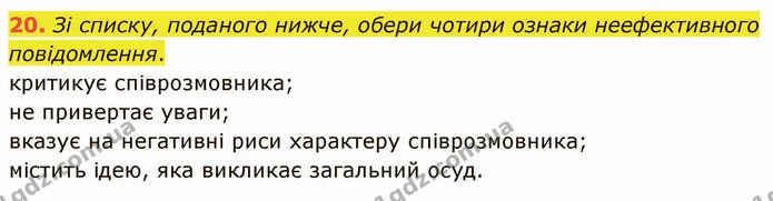 20. Зі списку, поданого нижче, обери чотири ознаки неефективного повідомлення. — ГДЗ Українська мова 5 клас Онатій