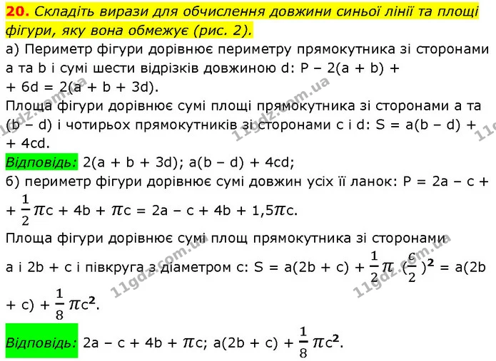 20. Складіть вирази для обчислення довжини синьої лінії та площі — Алгебра 7 клас Мерзляк 2024