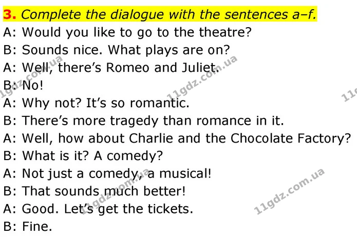3. Complete the dialogue with the sentences a–f. — ГДЗ Англійська мова 7 клас Карпюк
