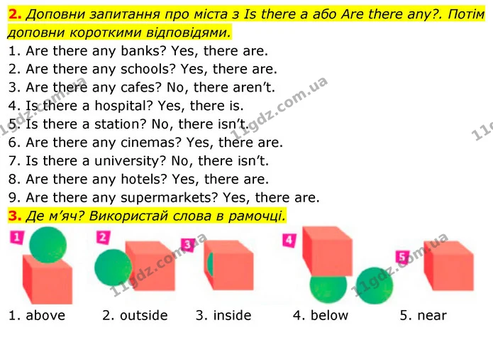 2. Доповни запитання про міста з Is there a або Are there any?. Потім доповни короткими відповідями. — ГДЗ Англійська мова 5 клас Коста Джоанна