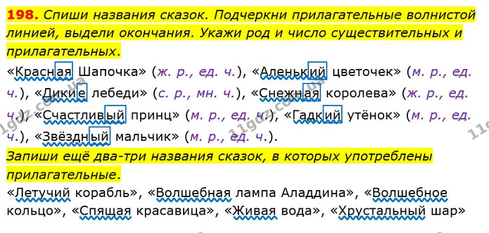 198. Спиши названия сказок. Подчеркни прилагательные волнистой линией, выдели окончания. Укажи род и число существительных и — ГДЗ Русский язык и чтение 4 класс Лапшина 1 ч.