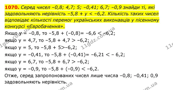 1070. Серед чисел –0,8; 4,7; 5; –0,41; 6,7; –0,9 знайди ті, які задовольняють нерівність –5,8 + у < –6,2. Кількість таких чисел — ГДЗ Математика 6 клас Істер 2023 1-2 ч.