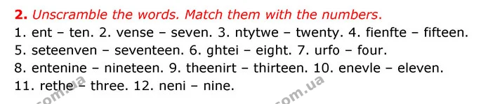 2. Unscramble the words. Match them with the numbers. — ГДЗ Робочий зошит Англійська мова 5 клас Косован (Дж. Коста)