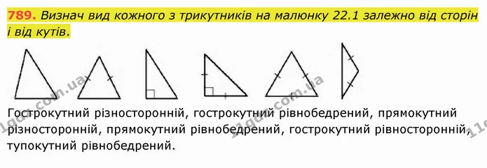 789. Визнач вид кожного з трикутників на малюнку 22.1 залежно від сторін і від кутів. — ГДЗ Математика 5 клас Істер 2022