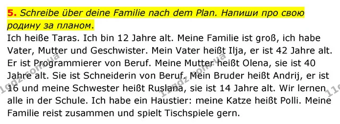 5. Schreibe über deine Familie nach dem Plan. Напиши про свою родину за планом. — ГДЗ Робочий зошит Німецька мова 6 клас Гоголєва