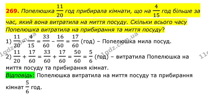 269. Попелюшка 1120 год прибирала кімнати, що на 415 год більше за час, який вона витратила на миття посуду. Скільки всього часу — ГДЗ Математика 6 клас Мерзляк 2023 1-2 ч.
