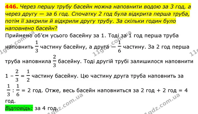 446. Через першу трубу басейн можна наповнити водою за 3 год, а через другу — за 6 год. Спочатку 2 год була відкрита перша труба, потім — ГДЗ Математика 6 клас Мерзляк 2023 1-2 ч.