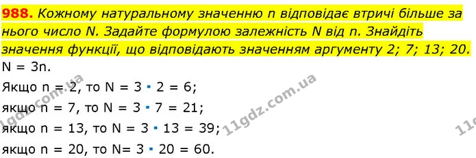 988. Кожному натуральному значенню n відповідає втричі більше за нього число N. Задайте формулою залежність N від n. Знайдіть значення — ГДЗ Алгебра 7 клас Істер 2024