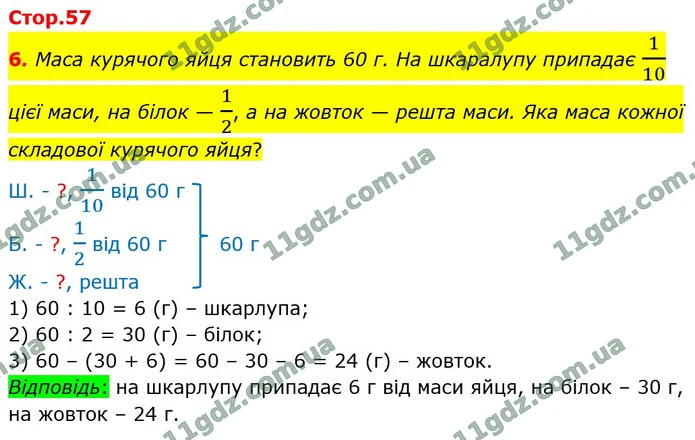 6. Маса курячого яйця становить 60 г. На шкаралупу припадає 110 цієї маси, на білок — 12, а на жовток — решта маси. Яка маса кожної — ГДЗ Математика 4 клас Логачевська 1-2 ч. 2021