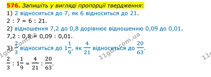 576. Запишіть у вигляді пропорції твердження: — ГДЗ Математика 6 клас Мерзляк 2023 1-2 ч.