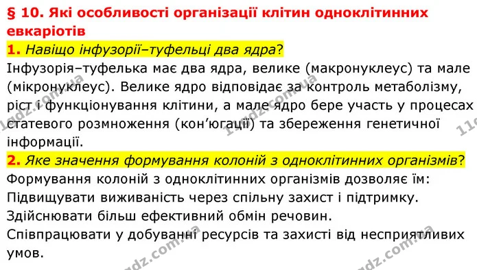 1. Навіщо інфузорії–туфельці два ядра? — ГДЗ Біологія 7 клас Балан