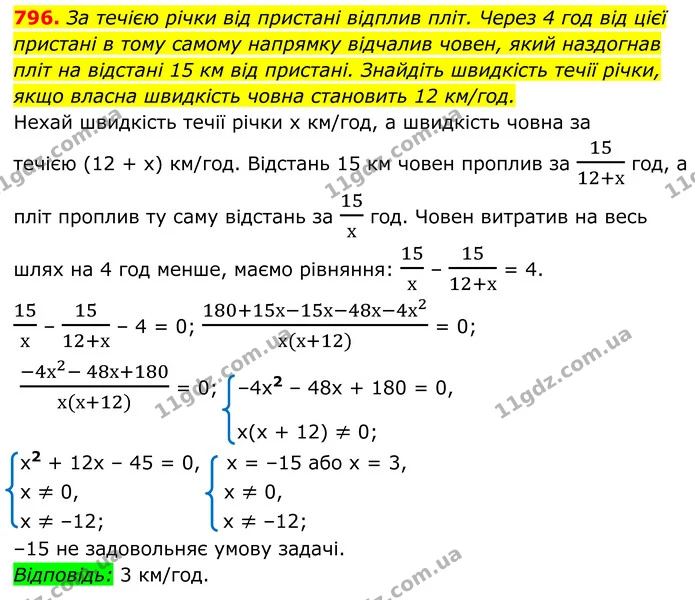 796. За течією річки від пристані відплив пліт. Через 4 год від цієї пристані в тому самому напрямку відчалив човен, який наздогнав — ГДЗ Алгебра 8 клас Мерзляк