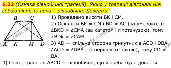 6.32 (Ознака рівнобічної трапеції). Якщо у трапеції діагоналі між собою рівні, то вона – рівнобічна. Доведіть. — ГДЗ Геометрія 8 клас Істер