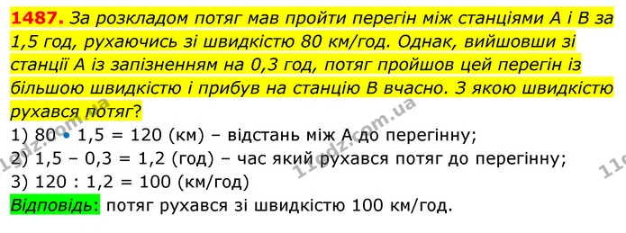 1487. За розкладом потяг мав пройти перегін між станціями А і В за 1,5 год, рухаючись зі швидкістю 80 км/год. Однак, вийшовши зі — ГДЗ Математика 5 клас Кравчук