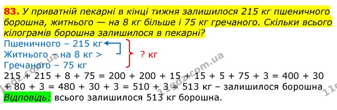 83. У приватній пекарні в кінці тижня залишилося 215 кг пшеничного борошна, житнього — на 8 кг більше і 75 кг гречаного. Скільки всього — ГДЗ Математика 3 клас Лишенко (1, 2 частина)