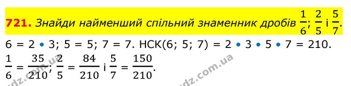 721. Знайди найменший спільний знаменник дробів 16; 25 і 57. — ГДЗ Математика 6 клас Бевз 1-2 ч.