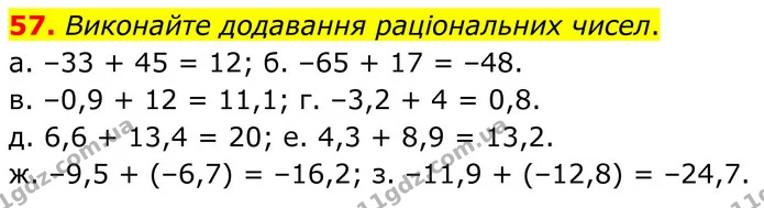 57. Виконайте додавання раціональних чисел. — ГДЗ Математика 6 клас Біос 1-2 ч.
