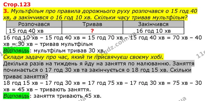 3. Мультфільм про правила дорожнього руху розпочався о 15 год 40 хв, а закінчився о 16 год 10 хв. Скільки часу тривав мультфільм? — ГДЗ Математика 2 клас Лишенко