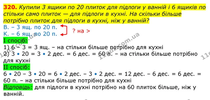 320. Купили 3 ящики по 20 плиток для підлоги у ванній і 6 ящиків по стільки само плиток — для підлоги в кухні. На скільки більше — ГДЗ Математика 3 клас Лишенко (1, 2 частина)