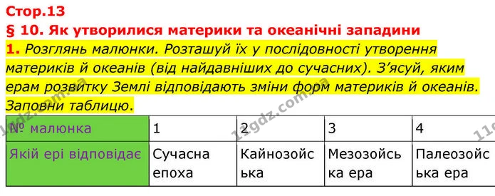 1. Розглянь малюнки. Розташуй їх у послідовності утворення материків й океанів (від найдавніших до сучасних). З’ясуй, яким ерам — ГДЗ робочий зошит Географія 7 клас Гільберг