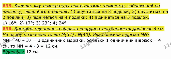 695. Запиши, яку температуру показуватиме термометр, зображений на малюнку, якщо його стовпчик: 1) опуститься на 3 поділки; 2) — ГДЗ Математика 5 клас Істер 2022