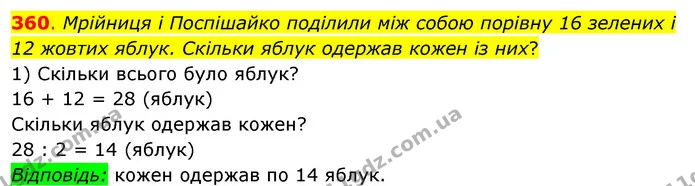 360. Мрійниця і Поспішайко поділили між собою порівну 16 зелених і 12 жовтих яблук. Скільки яблук одержав кожен із них? — ГДЗ Математика 3 клас Бевз 2 частина