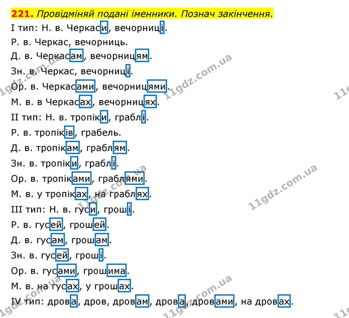 221. Провідміняй подані іменники. Познач закінчення. — ГДЗ Українська мова 6 клас Онатій