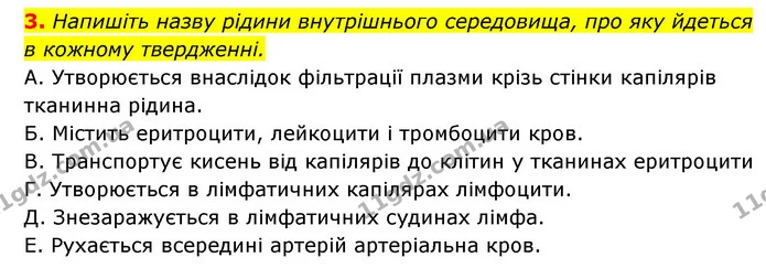 3. Напишіть назву рідини внутрішнього середовища, про яку йдеться в кожному твердженні. — ГДЗ Робочий зошит Біологія 8 клас Задорожний