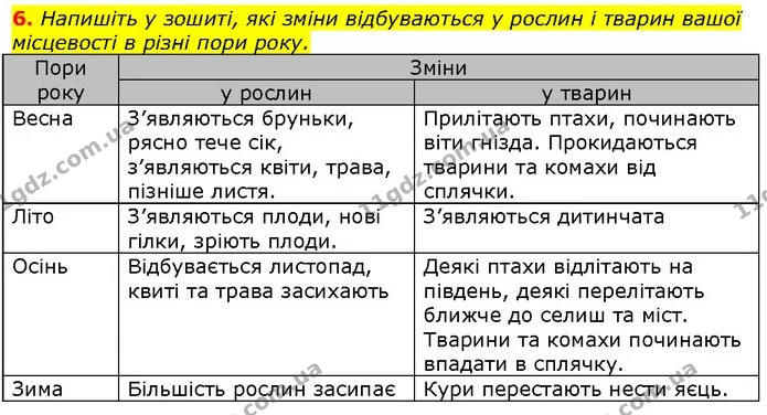 6. Напишіть у зошиті, які зміни відбуваються у рослин і тварин вашої місцевості в різні пори року. — ГДЗ Природознавство 5 клас Ярошенко