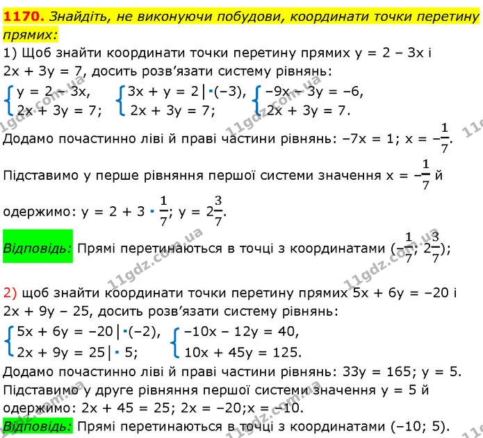 1170. Знайдіть, не виконуючи побудови, координати точки перетину прямих: — Алгебра 7 клас Мерзляк 2024