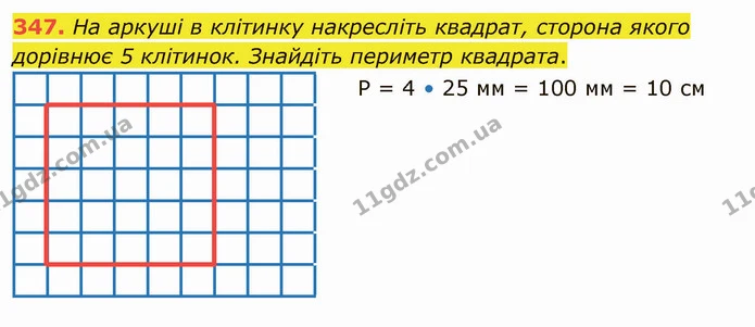 347. На аркуші в клітинку накресліть квадрат, сторона якого дорівнює 5 клітинок. Знайдіть периметр квадрата. — ГДЗ Математика 5 клас Тарасенкова 2022