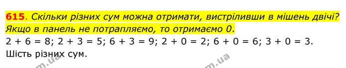 615. Скільки різних сум можна отримати, вистріливши в мішень двічі? Якщо в панель не потрапляємо, то отримаємо 0. — ГДЗ Математика 3 клас Бевз 2 частина