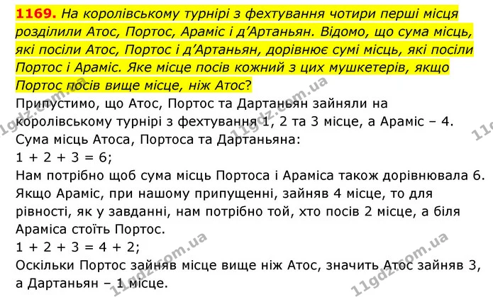 1169. На королівському турнірі з фехтування чотири перші місця розділили Атос, Портос, Араміс і д’Артаньян. Відомо, що сума місць, які — ГДЗ Математика 6 клас Кравчук 2023
