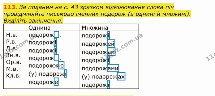 113. За поданим на с. 43 зразком відмінювання слова піч провідміняйте письмово іменник подорож (в однині й множині). Виділіть — ГДЗ Українська мова 6 клас Заболотний 2019